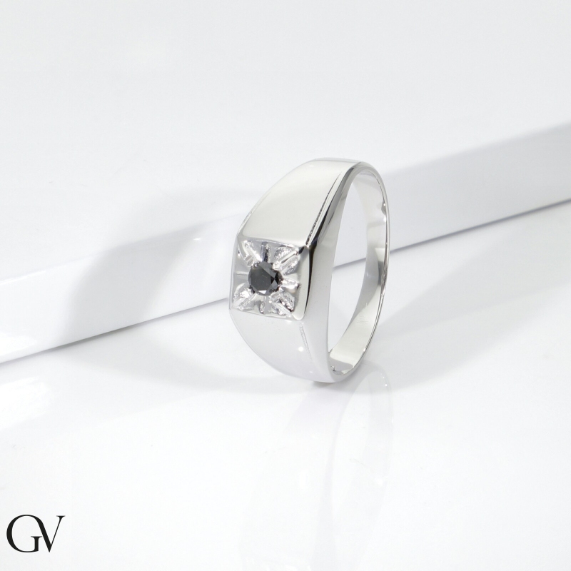 Anneau solitaire pour homme en or blanc 18k diamant noir