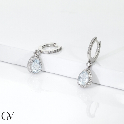 Boucles d'oreilles pendantes en Or Blanc 18k avec Aigue-marine et Diamants