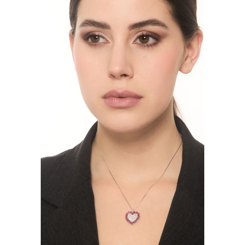 Collier or blanc 18K pendentif cœur serti diamants