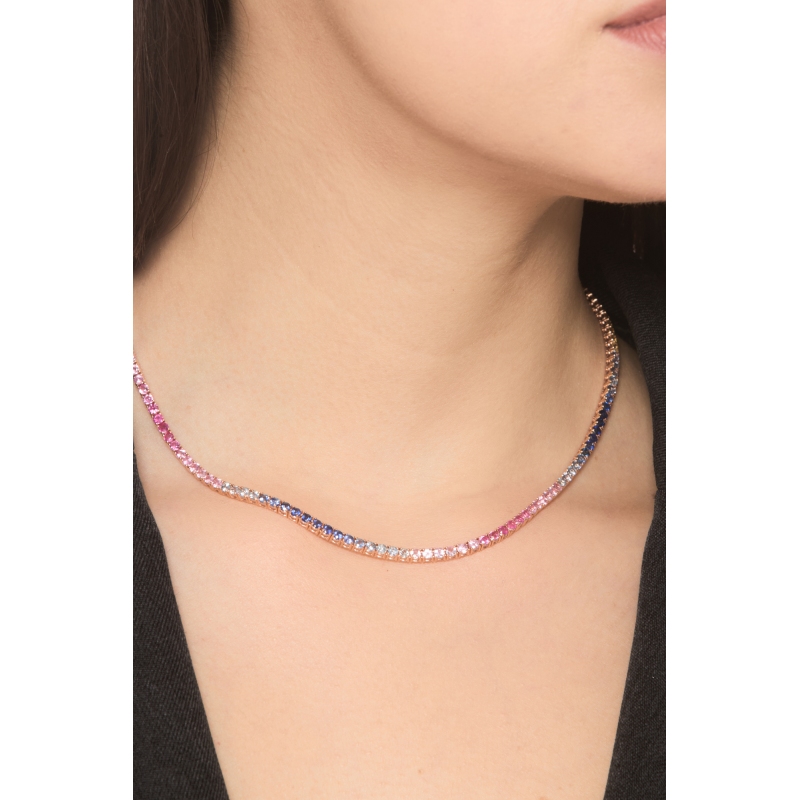 Rivière tennis en or rose 18k sertie de saphirs multicolor