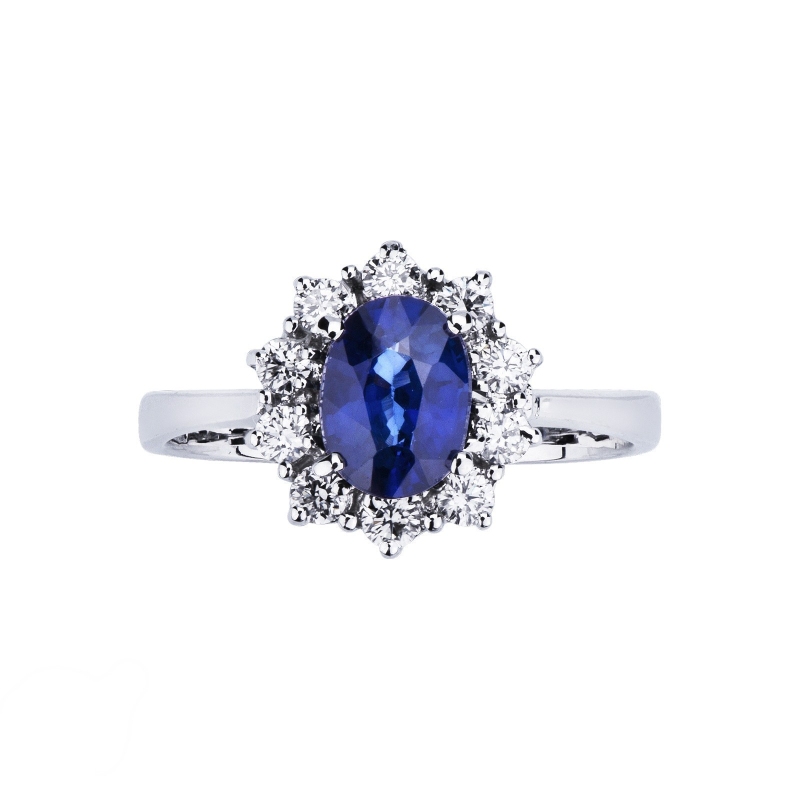 Bague halo en or blanc 18k avec saphir bleu ovale et diamants