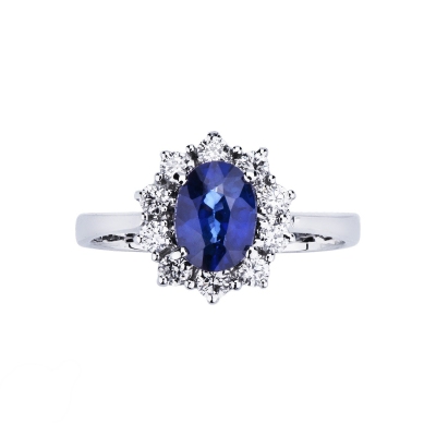 Bague halo en or blanc 18k avec saphir bleu ovale et diamants