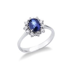 Bague halo en or blanc 18k avec saphir bleu ovale et diamants