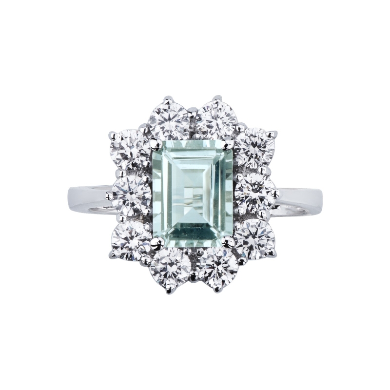 Bague halo en or blanc 18 carats avec aquamarine et diamants