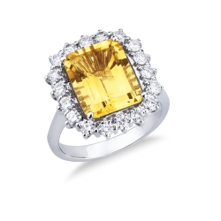 Bague halo en or blanc 18k avec diamants et citrine rectangulaire 