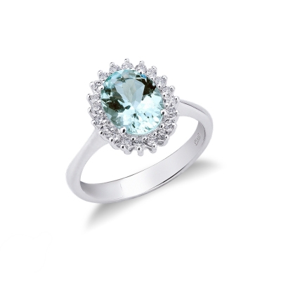 Bague en aigue-marine avec entourage de diamant or 750