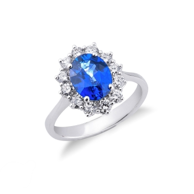 Bague halo en or blanc 18k avec saphir bleu  9x7 mm