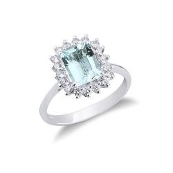 Bague halo en or blanc 18 carats avec diamants et aigue-marine