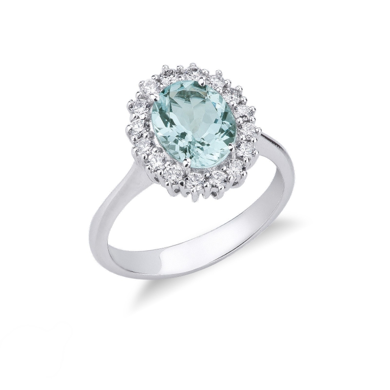 Bague halo en or blanc 18k avec aigue-marine de taille ovale