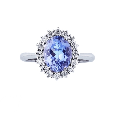 Bague halo en or blanc 18k avec Tanzanite et diamants. 