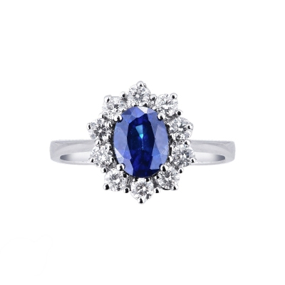 Bague halo en or blanc 750 avec saphir bleu et diamants