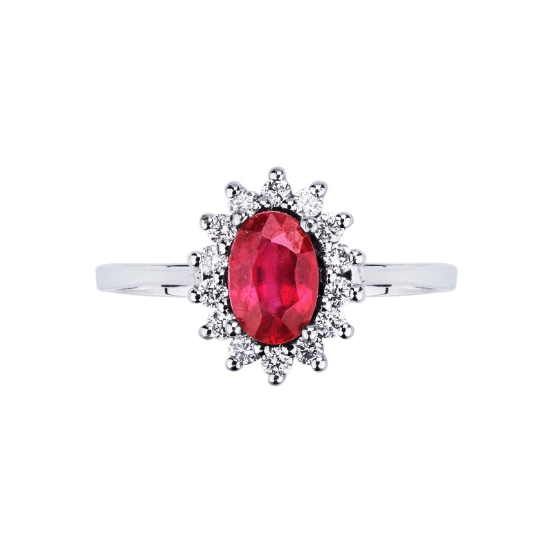Bague or blanc 18k rubis ovale et halo de diamants