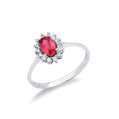 Bague or blanc 18k rubis ovale et halo de diamants
