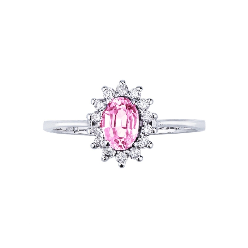 Bague halo classique en diamants or blanc 18k avec saphir rose