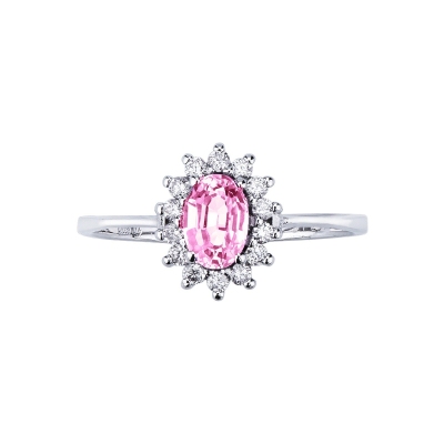 Bague halo classique en diamants or blanc 18k avec saphir rose