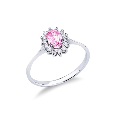 Bague halo classique en diamants or blanc 18k avec saphir rose