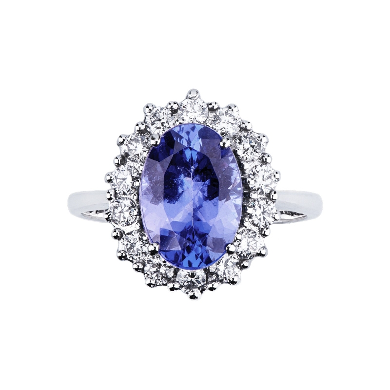 Bague halo en or blanc 18k avec tanzanite ovale et diamants
