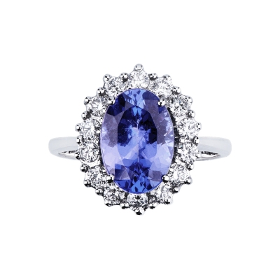 Bague halo en or blanc 18k avec tanzanite ovale et diamants