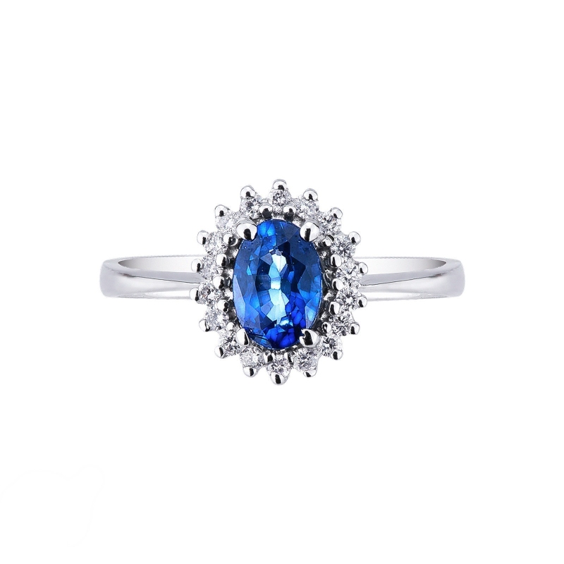 Bague en or blanc 18k avec diamants et saphir bleu ovale