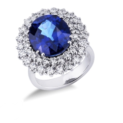 Bague en or blanc 18k avec saphir bleu et double halo de diamants