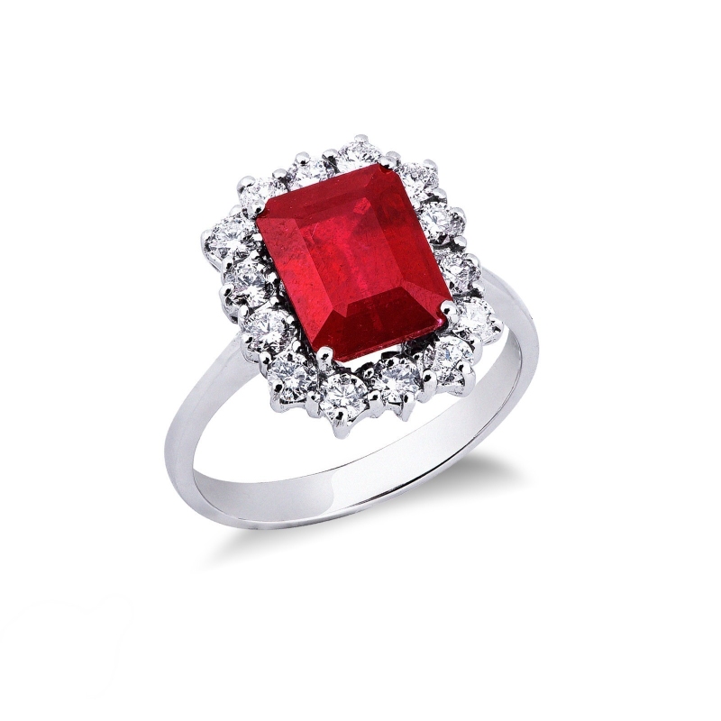  Bague en or blanc avec rubis octogonal et diamants