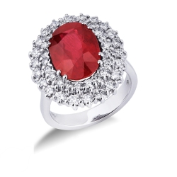 Bague rubis ovale sertie d'une double rangée de diamants et or blanc 18k