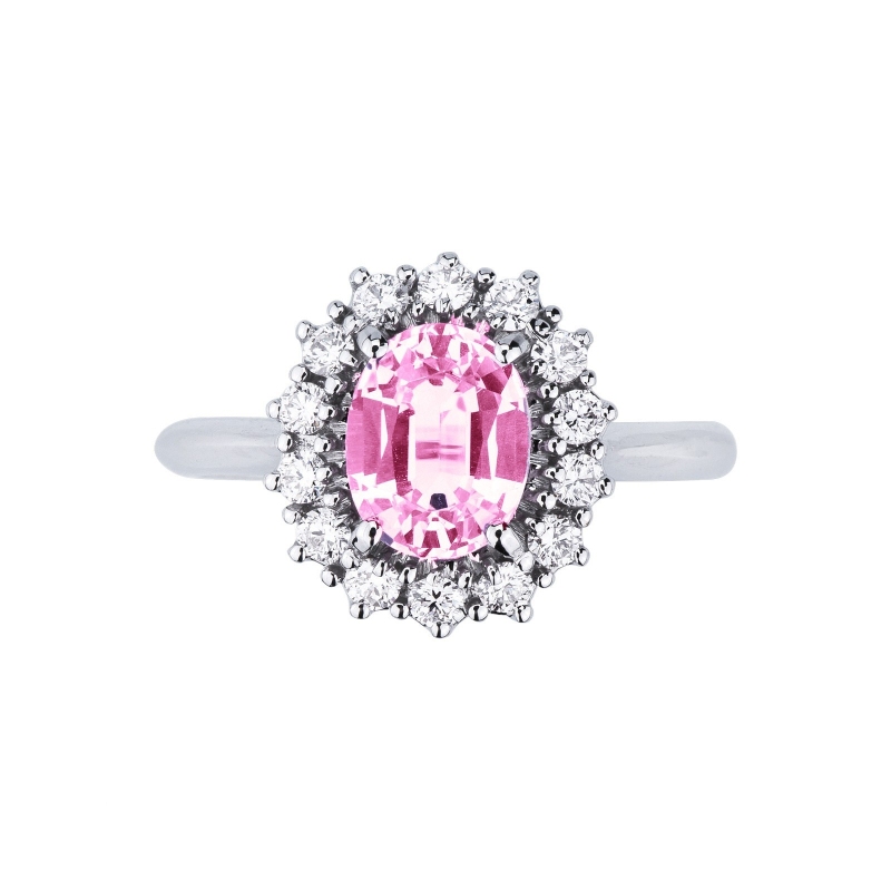 Bague halo en or blanc 750 avec saphir rose et diamants