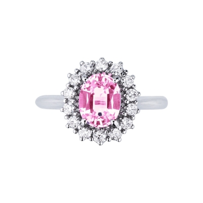 Bague halo en or blanc 750 avec saphir rose et diamants