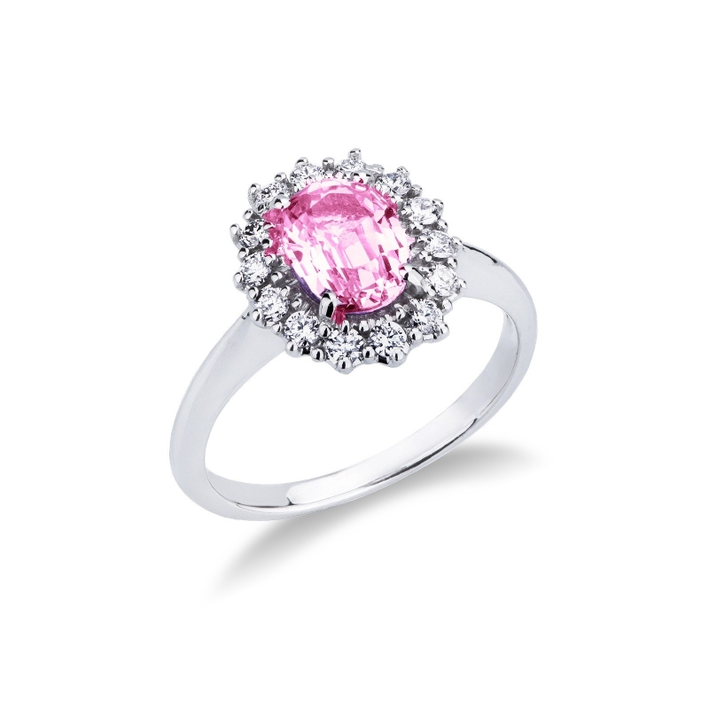 Bague halo en or blanc 750 avec saphir rose et diamants