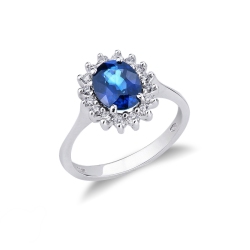 Bague or blanc 18k saphir bleu central halo de diamants