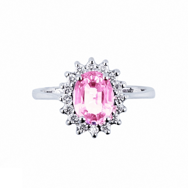 Bague femme en or blanc 18k avec saphir rose et diamants