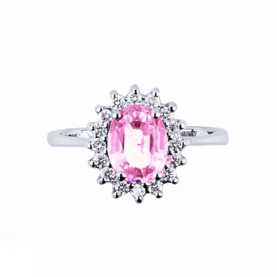 Bague femme en or blanc 18k avec saphir rose et diamants