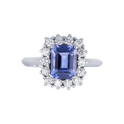 Bague halo en or blanc 18 carats avec tanzanite central