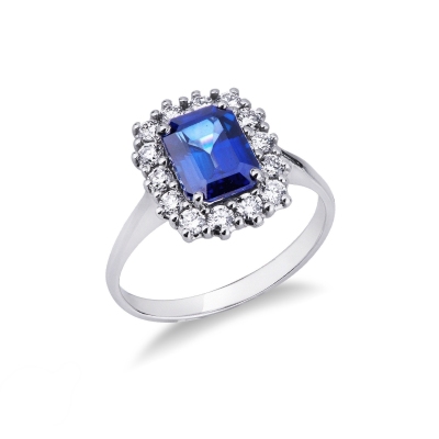 Bague Halo femme en or blanc 18k avec saphir bleu et diamants