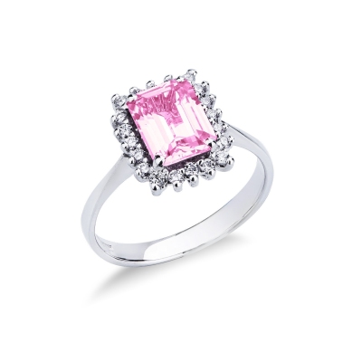 Bague en or blanc avec saphir rose et halo de diamants