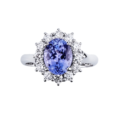 Bague en or blanc 18k tanzanite ovale et diamants 