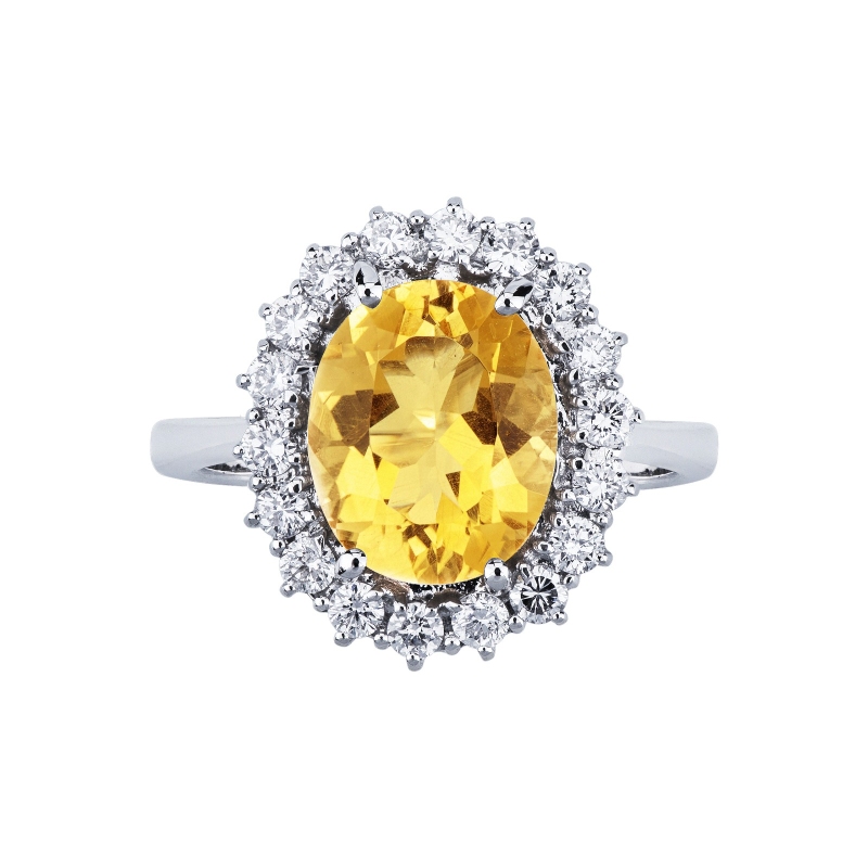 Bague en or blanc 750 avec citrine ovale et diamants