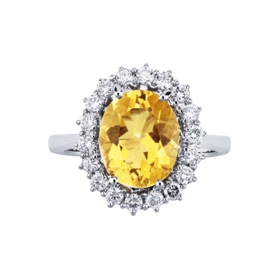 Bague en or blanc 750 avec citrine ovale et diamants