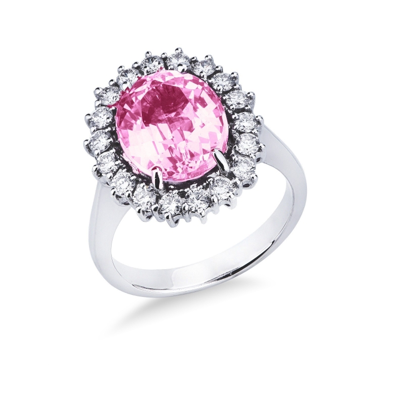 Bague Lady Diana en or blanc 18k avec saphir rose et diamants