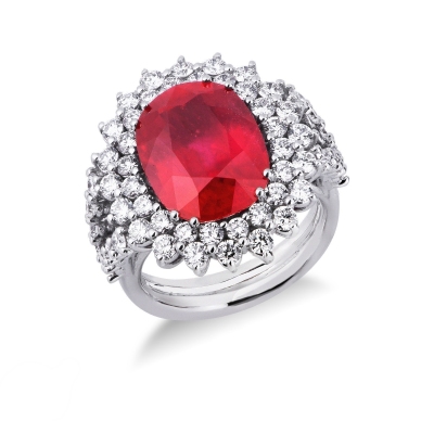 Bague halo en or blanc 18k avec rubis ovale 14X12 et diamants