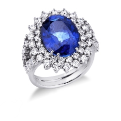 Bague entourage classique en or blanc 18k avec saphir bleu et diamants