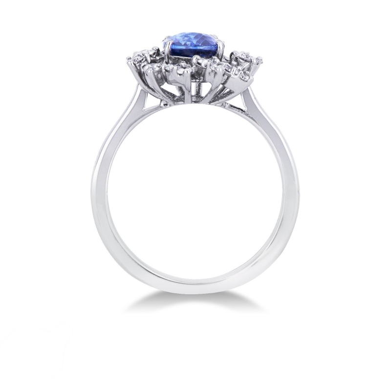 Bague halo en or blanc 18k saphir bleu et diamants