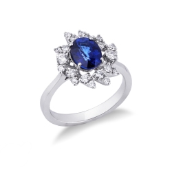 Bague halo en or blanc 18k saphir bleu et diamants