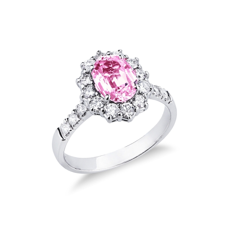 Bague halo en or blanc 18k avec saphir rose ovale et diamants
