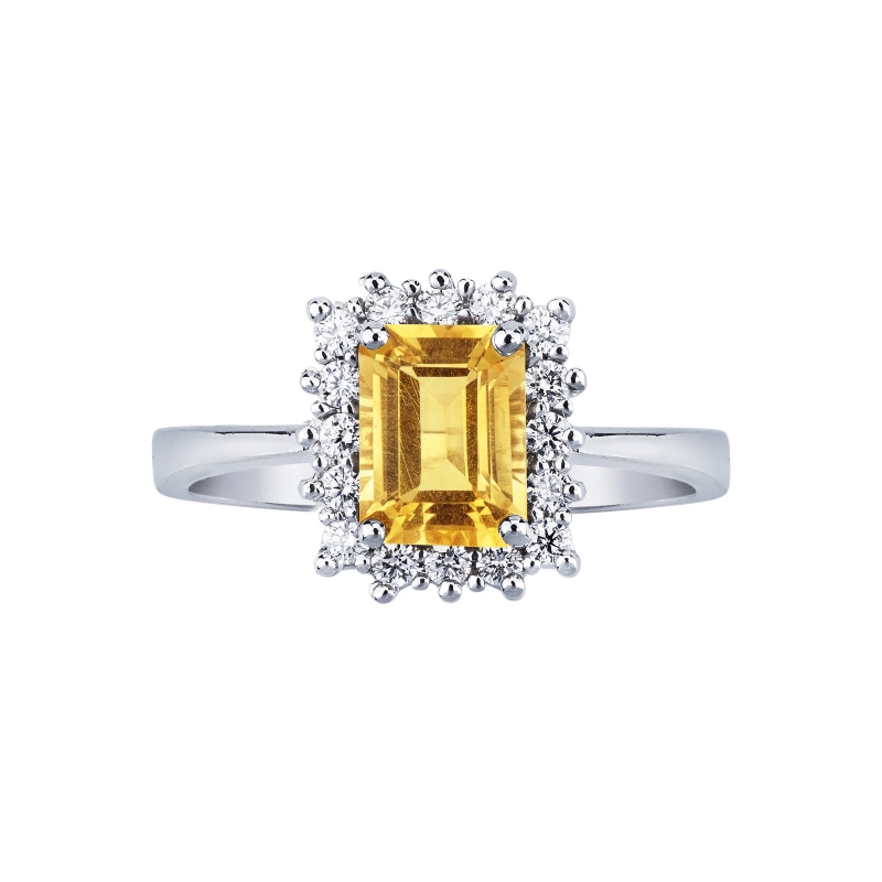 Bague en or blanc 18k avec citrine rectangulaire et diamants