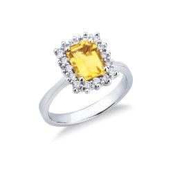 Bague en or blanc 18k avec citrine rectangulaire et diamants