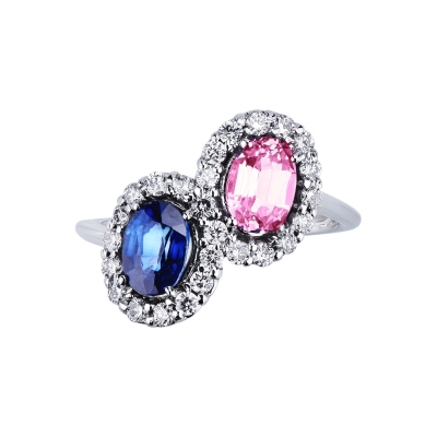 Bague halo en or blanc 18k avec saphirs rose et bleu