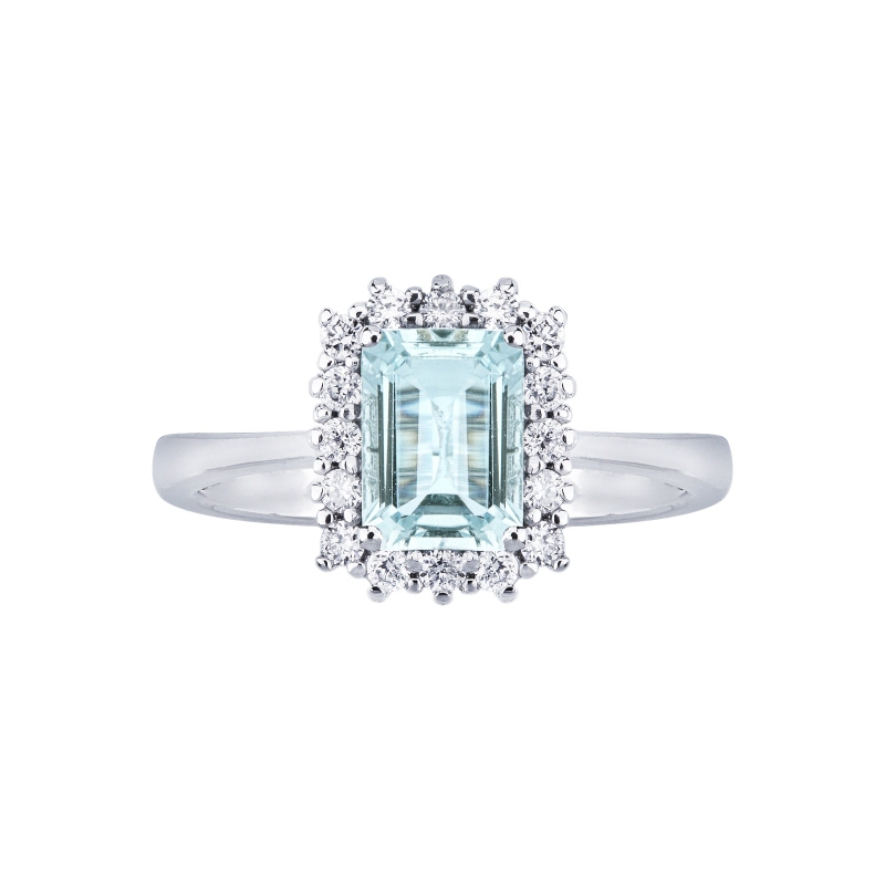 Bague halo en or blanc 18 carats avec aquamarine