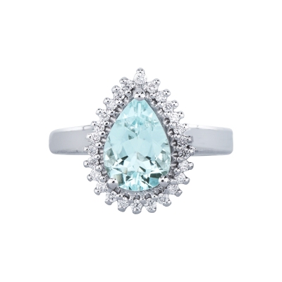 Bague en or blanc 18k avec une aquamarine goutte et 26 brillants 