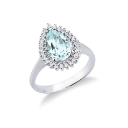 Bague en or blanc 18k avec une aquamarine goutte et 26 brillants 